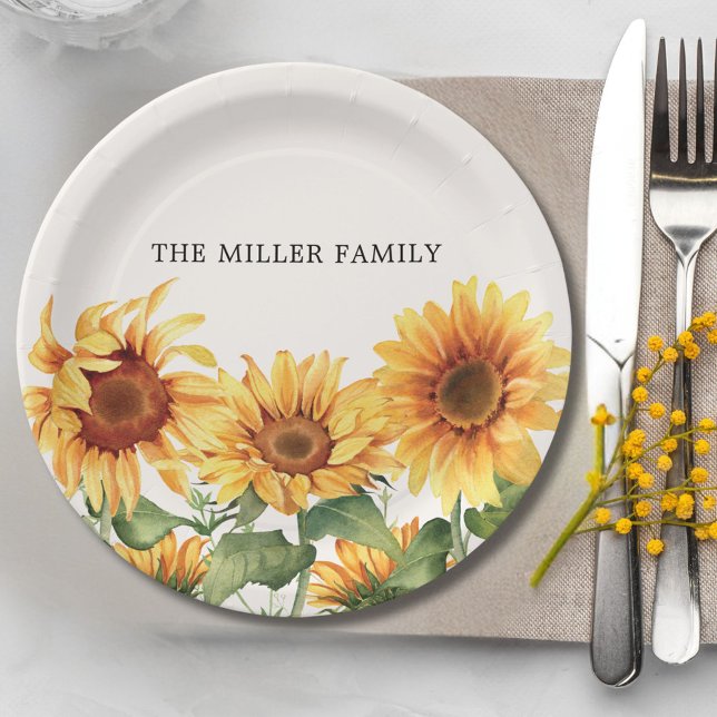 Monogrammed Rustic Yellow Sunflower Garden Paper Plates (In situ)