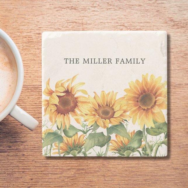 Monogrammed Rustic Yellow Sunflower Garden Stone Coaster (In situ)