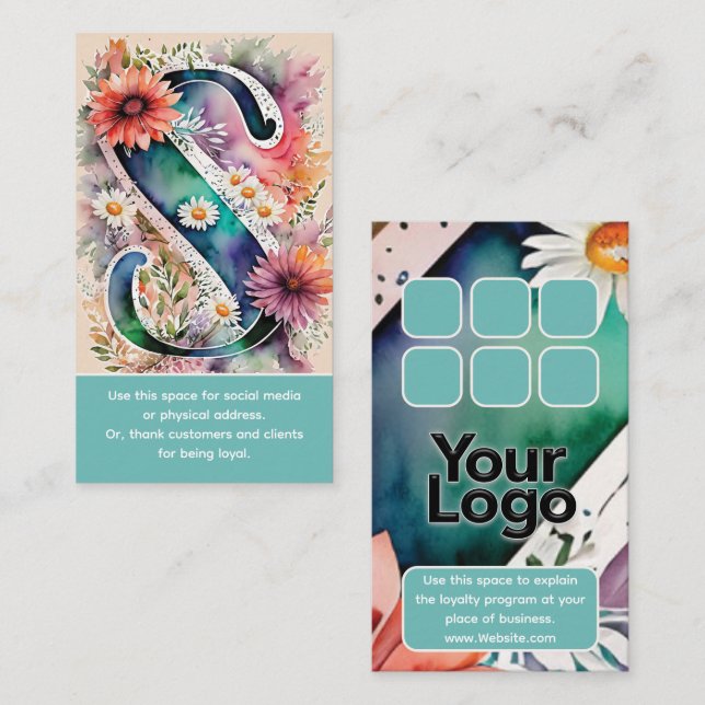 Monogrammed S Daisy Floral Watercolor Logo  Business Card (Front/Back)