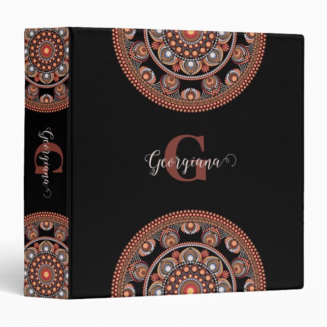 Monogrammed Safari Sunset Bohemian Dot Mandala 3 Ring Binder (Front/Spine)