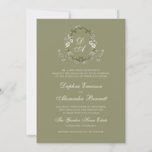 Monogrammed Sage Green Botanical Wedding Invitation