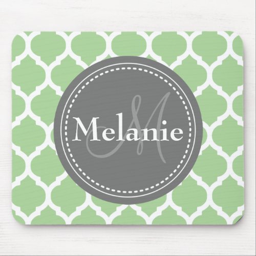 Monogrammed Sage Green  Grey Quatrefoil Mouse Pad