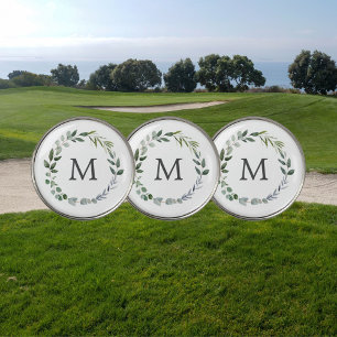 Monogrammed Sage Green Leaves Greenery Wreath  Golf Ball Marker