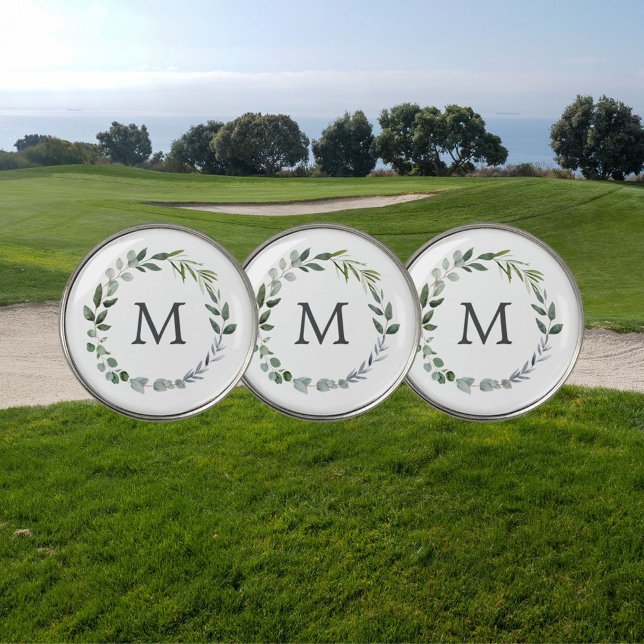 Monogrammed Sage Green Leaves Greenery Wreath  Golf Ball Marker (In situ)