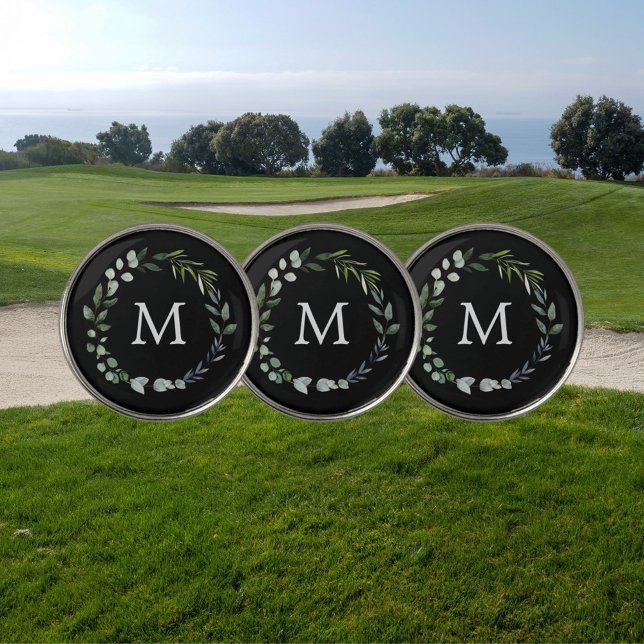 Monogrammed Sage Green Leaves Greenery Wreath  Golf Ball Marker (In situ)