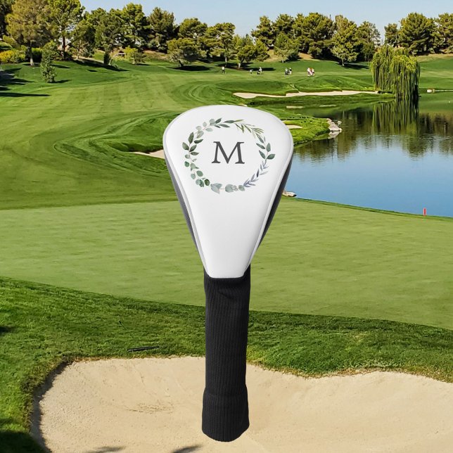Monogrammed Sage Green Leaves Greenery Wreath  Golf Head Cover (In situ)