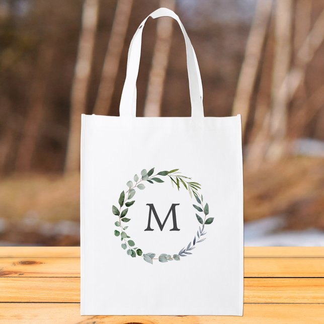 Monogrammed Sage Green Leaves Greenery Wreath  Grocery Bag (Close up)
