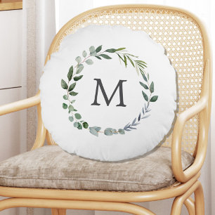 Monogrammed Sage Green Leaves Greenery Wreath  Round Pillow