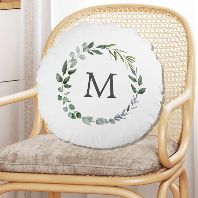 Monogrammed Sage Green Leaves Greenery Wreath  Round Pillow (In situ)