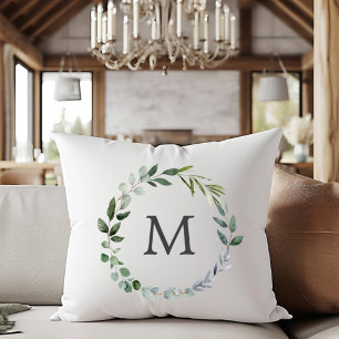Monogrammed Sage Green Leaves Greenery Wreath Throw Pillow