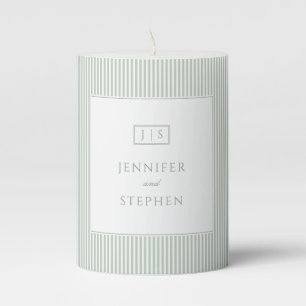Monogrammed Sage Green Stripes Wedding Candle