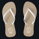 Monogrammed sand dollar beach wedding flip flops<br><div class="desc">Personalized beach wedding flip flops for bride and groom or guests. Elegant party favor set with custom last name or monogram and vintage sand dollar icon. Custom background and strap color for him and her / men and women. Romantic khaki beige and white his and hers wedge sandals with stylish...</div>
