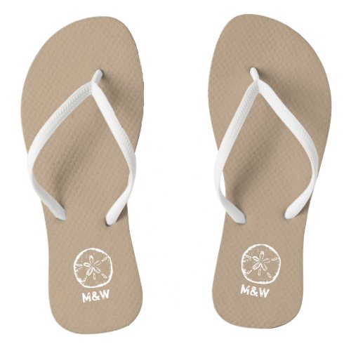 Monogrammed sand dollar beach wedding flip flops