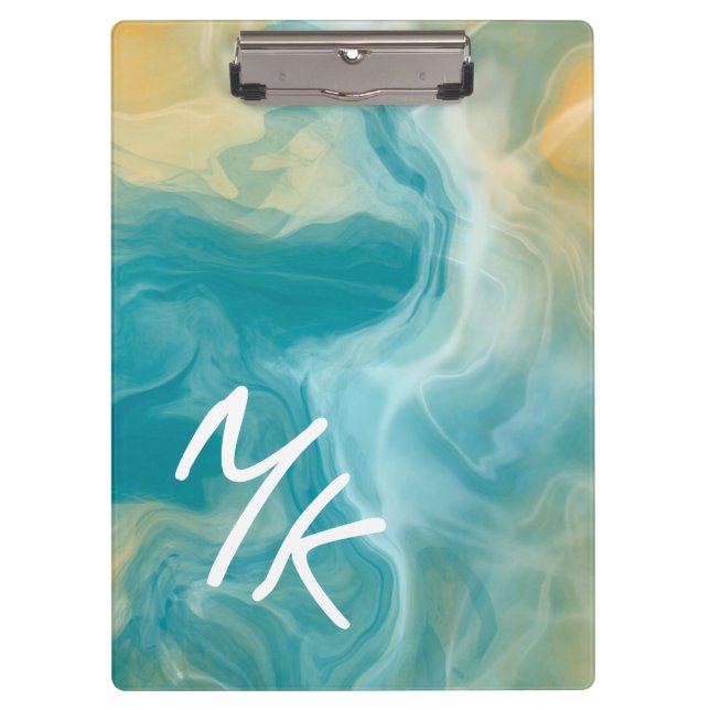 Monogrammed Sandy Brown Ocean Blue Fluid Art Clipboard (Front)