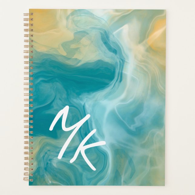 Monogrammed Sandy Brown Ocean Blue Fluid Art  Planner (Front)