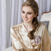 Monogrammed Satin Kimono Robe, Champagne (Front)