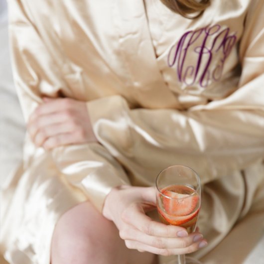 Monogrammed Satin Kimono Robe, Champagne (Bottom)