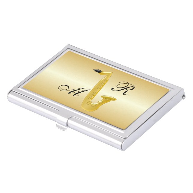 Monogrammed Saxophone Gold Coloured Business Card Case (Front)