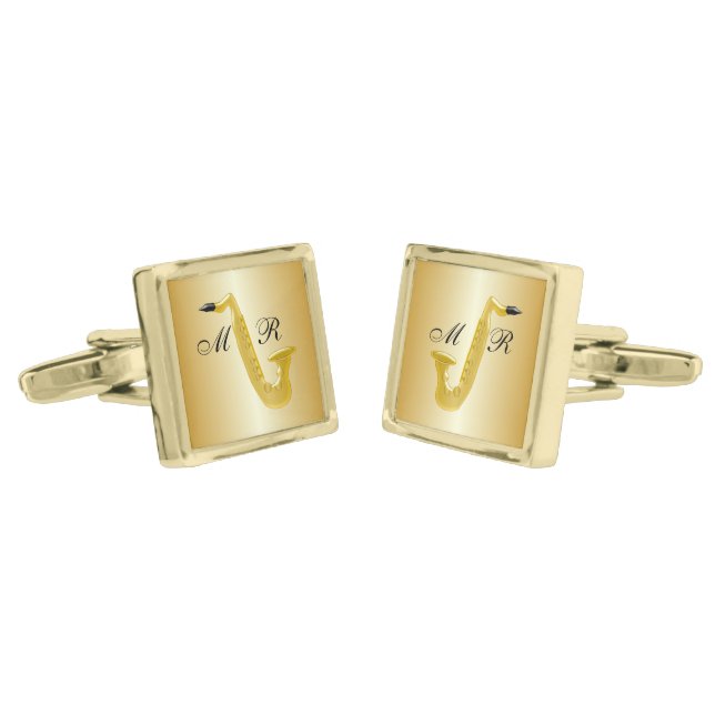 Monogrammed Saxophone Gold Coloured Gold Cufflinks (Angled)