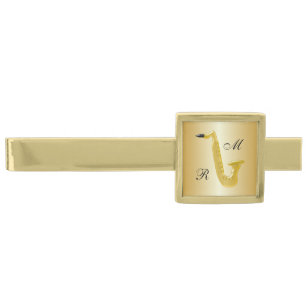 Monogrammed Saxophone Gold Coloured Gold Finish Tie Bar