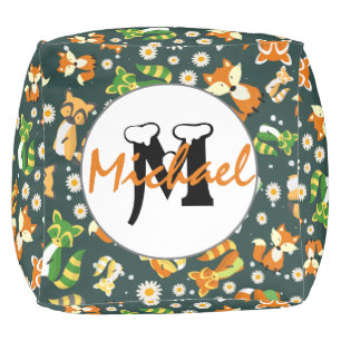 Monogrammed script animal pattern raccoons blue pouf