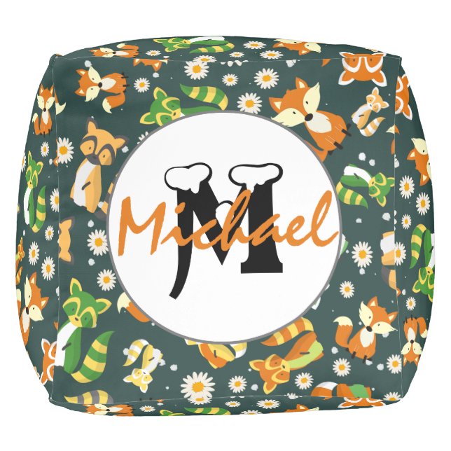 Monogrammed script animal pattern raccoons blue pouf (Top)