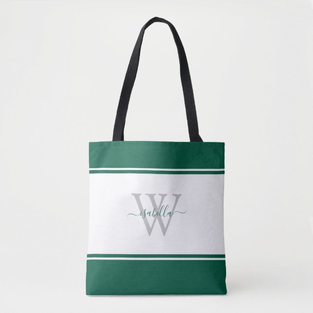 Monogrammed Script Initial Emerald Green Tote Bag (Front)