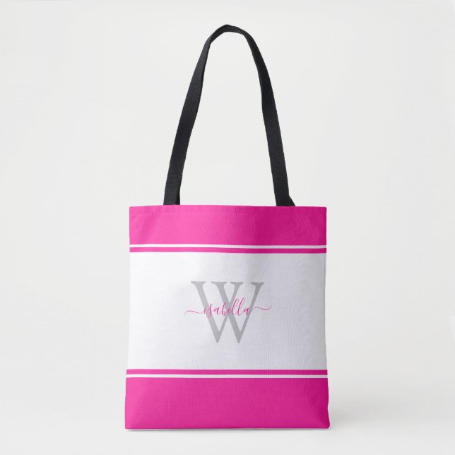 Monogrammed Script Initial Magenta Hot Pink Tote Bag (Front)