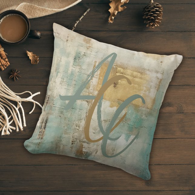Monogrammed Script Modern Teal Abstract Fall Throw Pillow (Creator Uploaded)