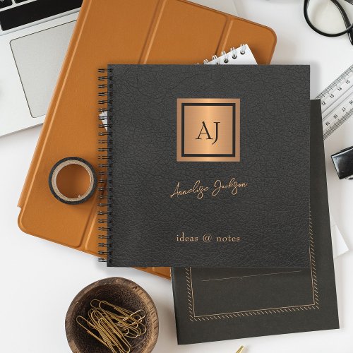 Monogrammed script name black gold elegant  notebook