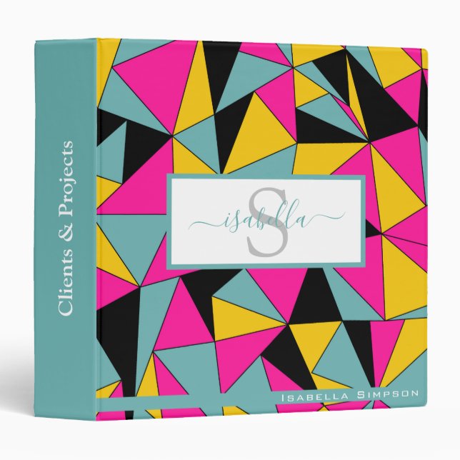 Monogrammed Script Teal Pink Black Yellow Pattern 3 Ring Binder (Front/Spine)