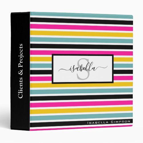 Monogrammed Script Teal Pink Black Yellow Stripe 3 Ring Binder