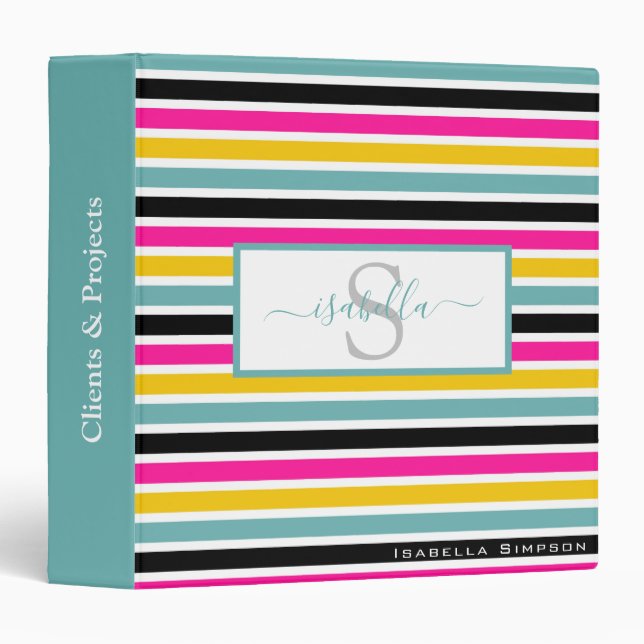 Monogrammed Script Teal Pink Black Yellow Stripe 3 Ring Binder (Front/Spine)