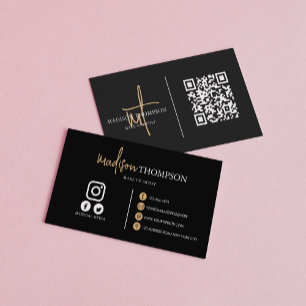 Monogrammed Script Typography Black Gold QR Code Business Card