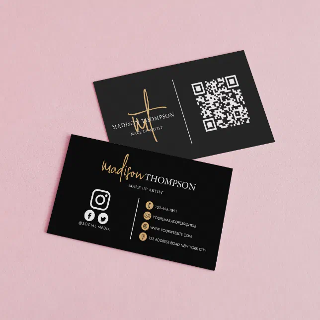 Monogrammed Script Typography Black Gold QR Code Business Card | Zazzle