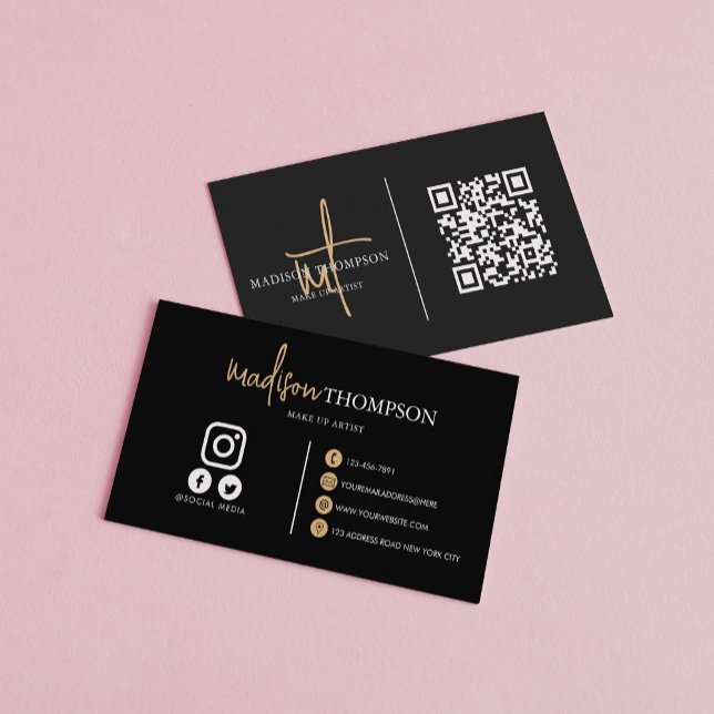 Monogrammed Script Typography Black Gold QR Code Business Card (Creator Uploaded)