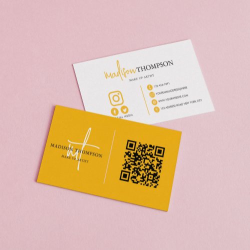 Monogrammed Script Typography Mustard QR Code Business Card