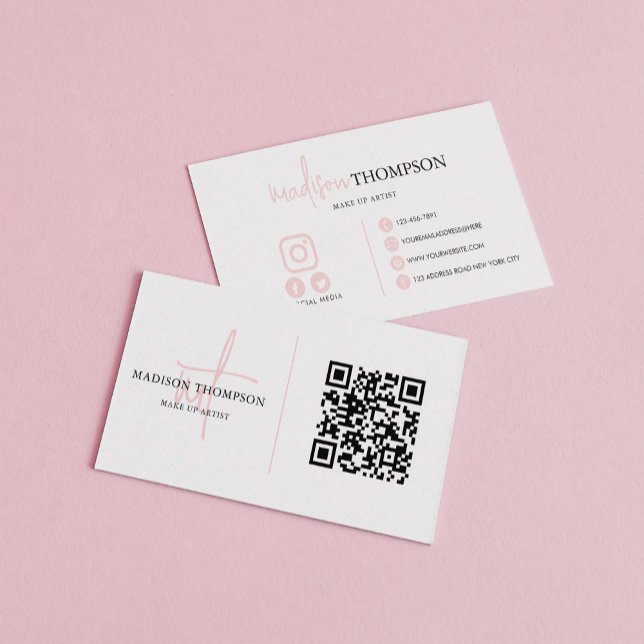 Monogrammed Script Typography Pale Pink QR Code Business Card (Creator Uploaded)
