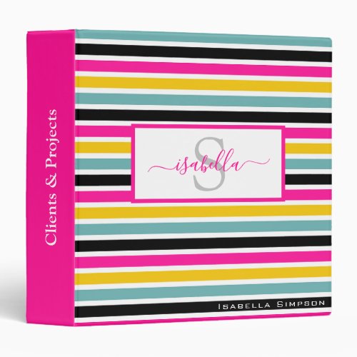 Monogrammed Script Yellow Teal Pink Black Stripe 3 Ring Binder