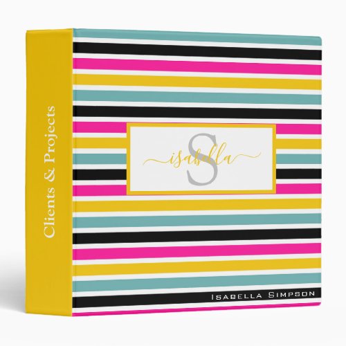 Monogrammed Script Yellow Teal Pink Black Stripe 3 Ring Binder