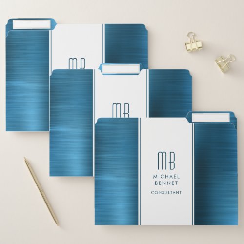 Monogrammed Sea Blue Brushed Metallic Business File Folder