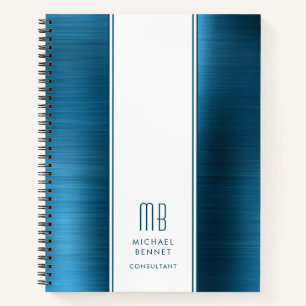 Monogrammed Sea Blue Brushed Metallic Business Notebook