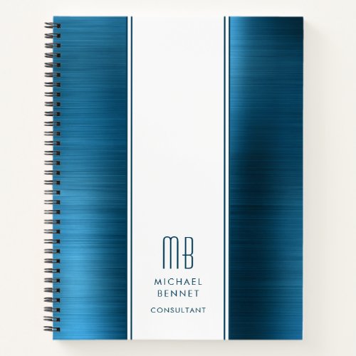 Monogrammed Sea Blue Brushed Metallic Business Notebook
