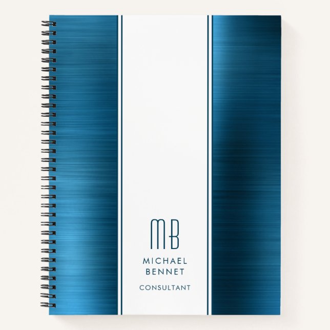 Monogrammed Sea Blue Brushed Metallic Business Notebook (Front)