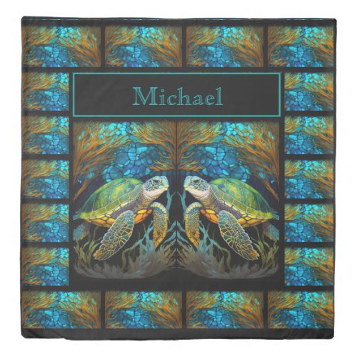 Monogrammed  Sea Turtle Ocean Faux Stained Glass Duvet Cover