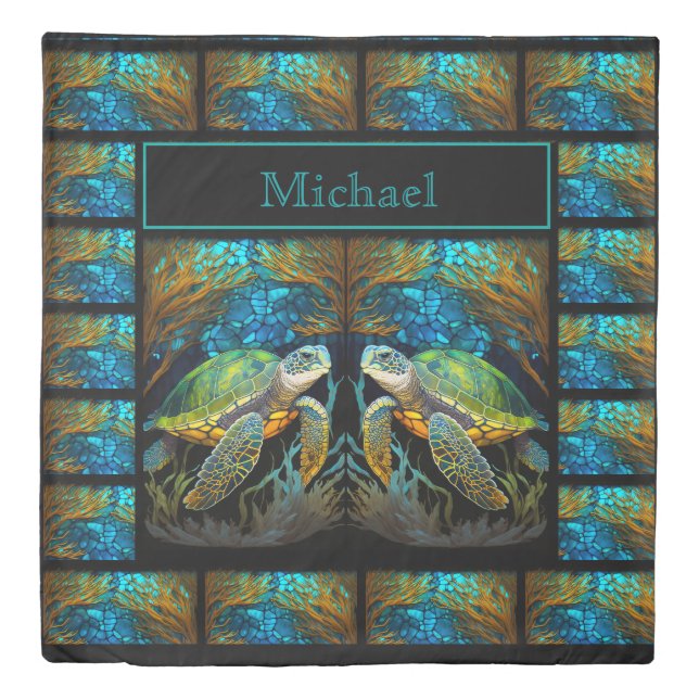 Monogrammed  Sea Turtle Ocean Faux Stained Glass Duvet Cover (Front)
