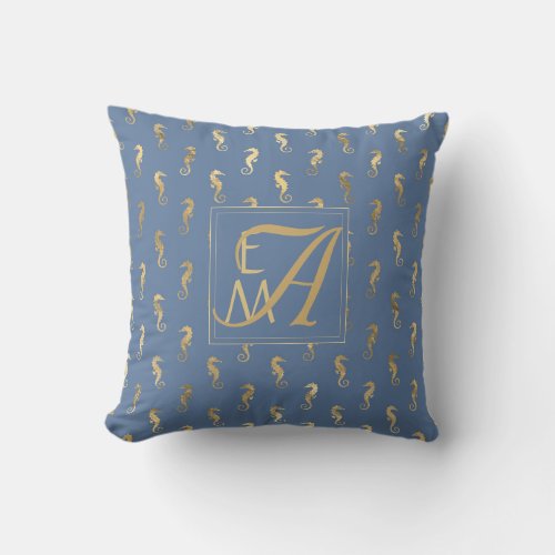 Monogrammed Seahorses Decor Gold Blue Elegant Throw Pillow