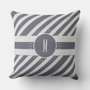 Monogrammed Seas the Day Bold Nautical Navy Stripe Outdoor Pillow