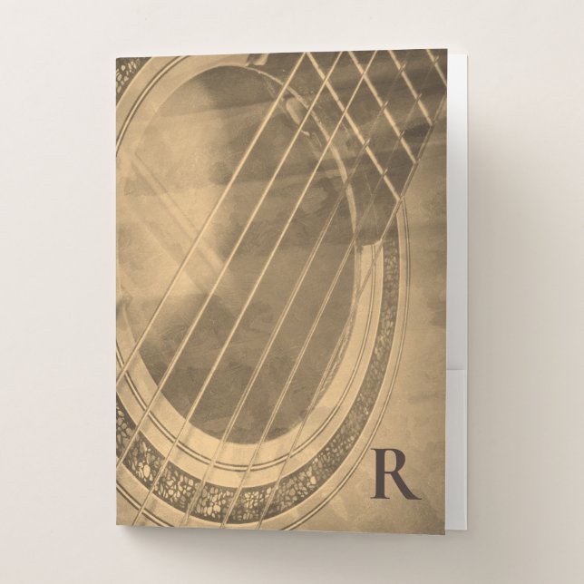 Monogrammed sepia acoustic guitar pocket folder (Front)