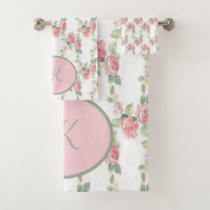 Monogrammed Shabby Chic Pink Rose Floral Bath Towel Set